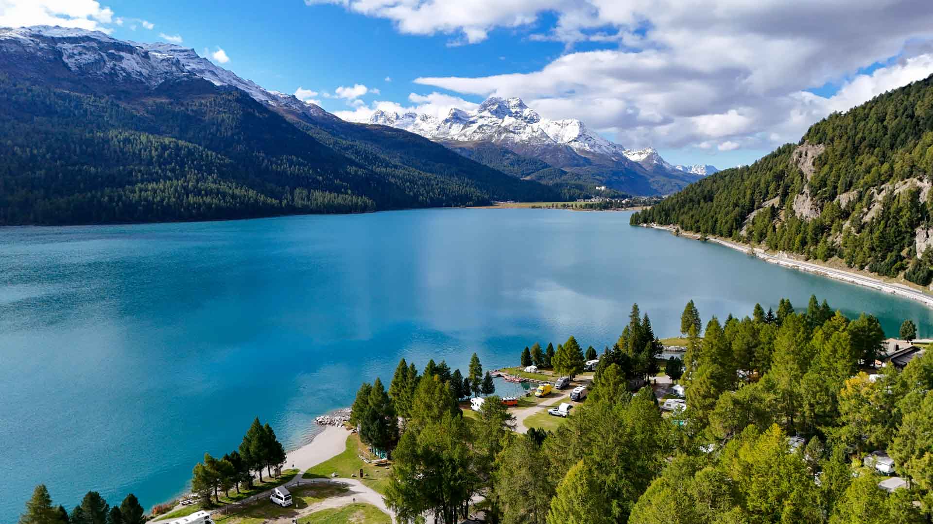 Zwitserland Silvaplana Camping Drone Hymer ML-T 570 4x4 Offroad Offgrid Route51